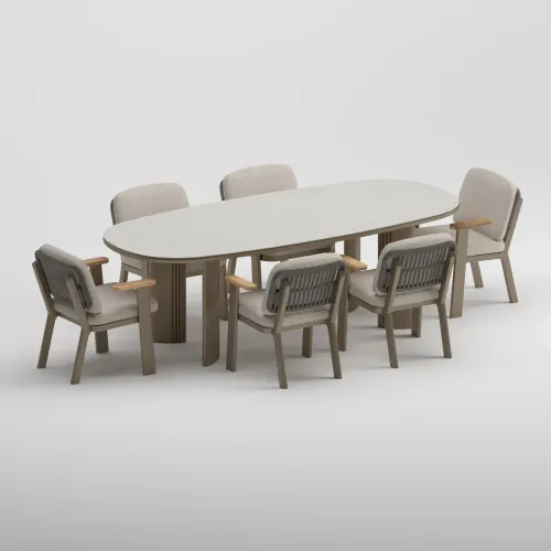 TIDE Table & SKY Armchair Dining Set | Taupe